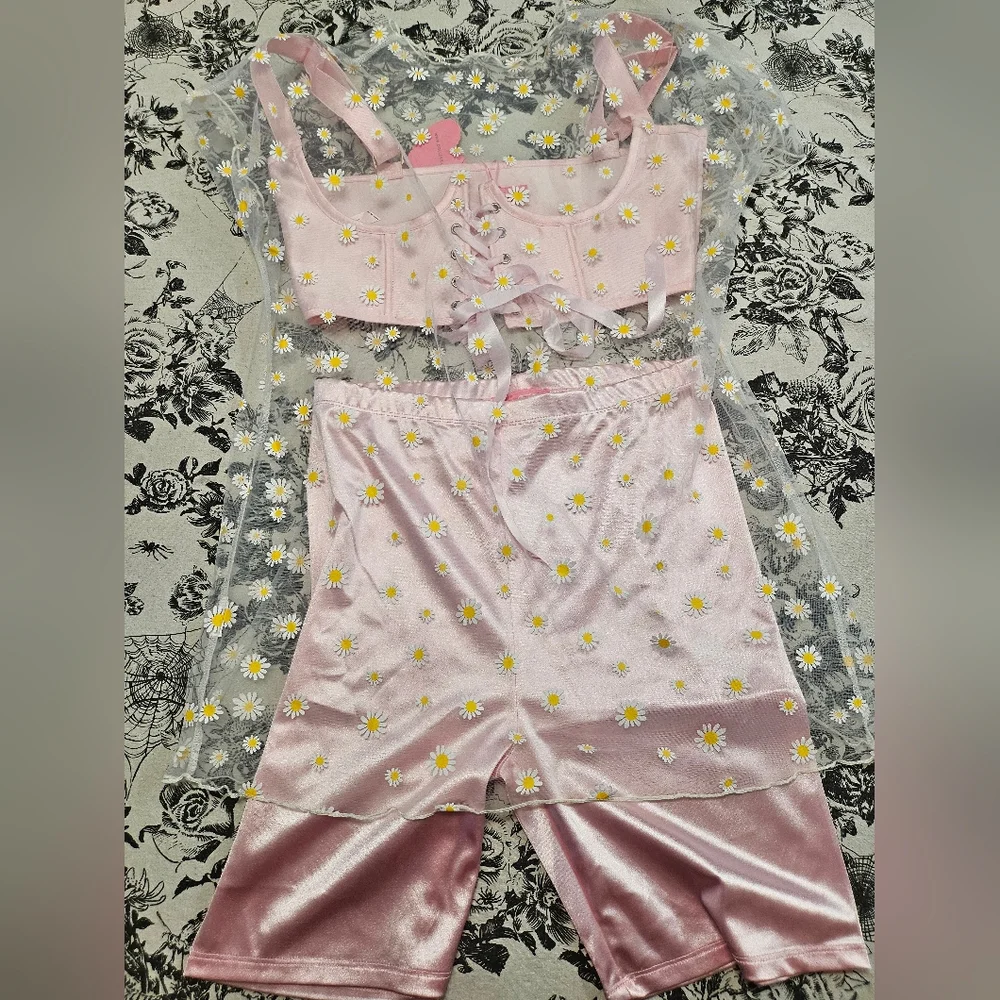 Dolls Kill Sugar Thrillz Pink Satin Underbust & Biker Shorts +Extra Mesh Flower - Picture 12 of 12